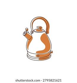 Atomic electric teakettle flat graphic in a continuous line art style with modern terracotta color blocking.