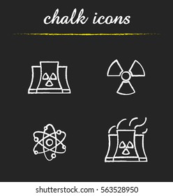 Atomic energy chalk icons set. Nuclear power plant with smoke, radiation and atom symbols. Isolated vector chalkboard illustrations