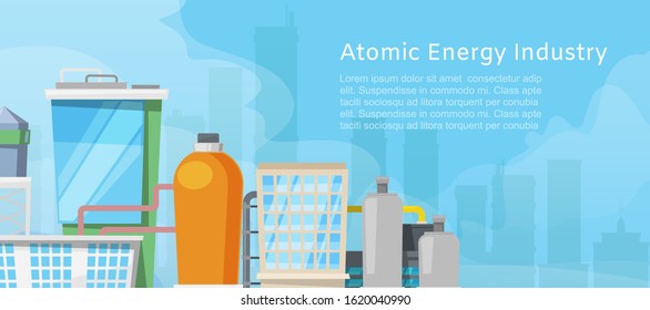 Atomic energy industry with low poly nuclear power station, reactors, power lines and nuclear energy generation related facilities vector illustration poster. Atomic energy city poster.