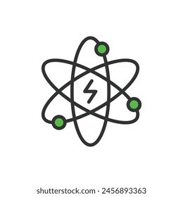 Atomic energy, in line design, green. Atomic energy, nuclear, power, reactor, uranium, fission, radiation on white background vector. Atomic energy editable stroke icon.