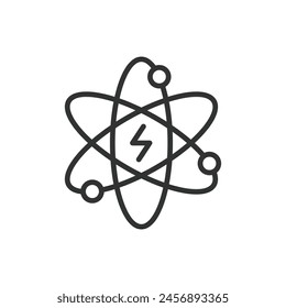 Atomic energy, in line design, green. Atomic energy, nuclear, power, reactor, uranium, fission, radiation on white background vector. Atomic energy editable stroke icon.