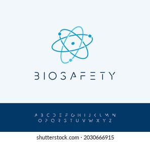 Atomic energy vector logo concept with futuristic letters. Atom structure nucleus icon. Bio safety symbol. Science technology, nuclear particle research, medical and physics equipment logotype.