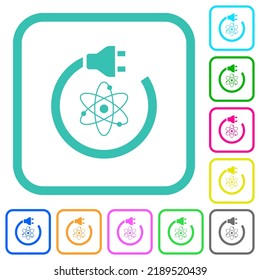 Iconos planos de colores vivos de energía atómica en bordes curvados sobre fondo blanco