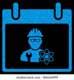 Atomic Engineer Calendar Day grainy textured icon for overlay watermark stamps. Flat symbol with unclean texture. Dotted vector blue ink rubber seal stamp with grunge design on a black background.