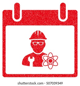 Atomic Engineer Calendar Day grainy textured icon for overlay watermark stamps. Flat symbol with scratched texture. Dotted vector red ink rubber seal stamp with grunge design on a white background.