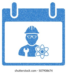 Atomic Engineer Calendar Day grainy textured icon for overlay watermark stamps. Flat symbol with dust texture. Dotted vector cobalt ink rubber seal stamp with grunge design on a white background.