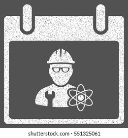 Atomic Engineer Calendar Day grainy textured icon for overlay watermark stamps. Flat symbol with unclean texture. Dotted vector white ink rubber seal stamp with grunge design on a gray background.