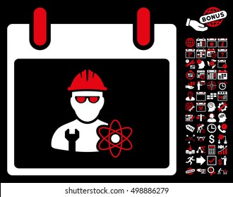 Atomic Engineer Calendar Day icon with bonus calendar and time management icon set. Vector illustration style is flat iconic symbols, red and white, black background.