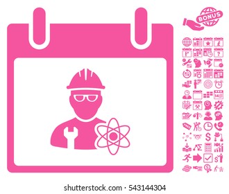 Atomic Engineer Calendar Day icon with bonus calendar and time management clip art. Vector illustration style is flat iconic symbols, pink, white background.