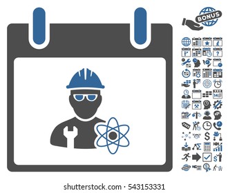 Atomic Engineer Calendar Day icon with bonus calendar and time management icon set. Vector illustration style is flat iconic symbols, cobalt and gray, white background.