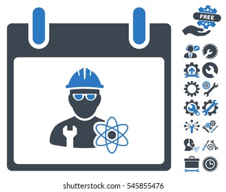 Atomic Engineer Calendar Day icon with bonus setup tools pictograms. Vector illustration style is flat iconic symbols, smooth blue, white background.