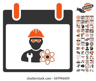 Atomic Engineer Calendar Day icon with bonus calendar and time management icon set. Vector illustration style is flat iconic symbols, orange and gray, white background.