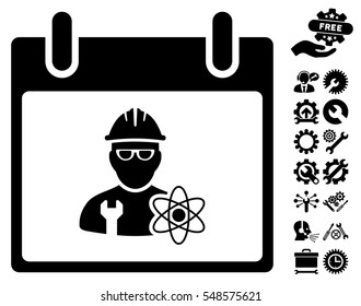 Atomic Engineer Calendar Day icon with bonus tools graphic icons. Vector illustration style is flat iconic symbols, black, white background.