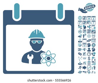 Atomic Engineer Calendar Day icon with bonus calendar and time management pictograms. Vector illustration style is flat iconic symbols, cyan and blue, white background.