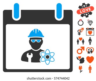 Atomic Engineer Calendar Day icon with bonus romantic graphic icons. Vector illustration style is flat iconic symbols for web design, app user interfaces.