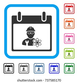 Atomic Engineer Calendar Day icon. Flat grey iconic symbol inside a light blue rounded rectangular frame. Black, gray, green, blue, red, orange color variants of Atomic Engineer Calendar Day vector.