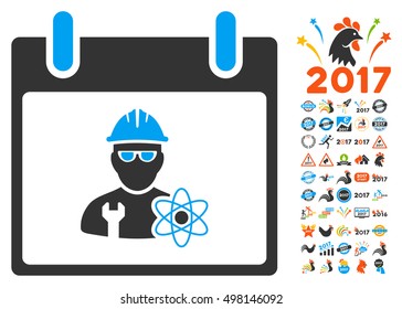 Atomic Engineer Calendar Day pictograph with bonus calendar and time management design elements. Vector illustration style is flat iconic symbols, blue and gray colors, white background.