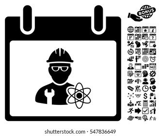 Atomic Engineer Calendar Day pictograph with bonus calendar and time management pictograph collection. Vector illustration style is flat iconic symbols, black, white background.