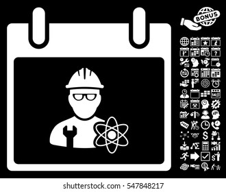Atomic Engineer Calendar Day pictograph with bonus calendar and time management pictograms. Vector illustration style is flat iconic symbols, white, black background.