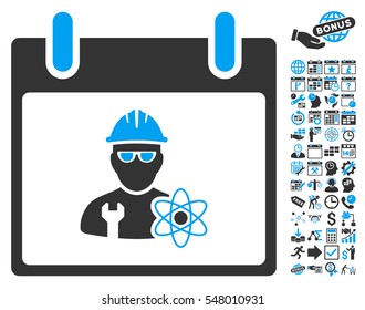 Atomic Engineer Calendar Day pictograph with bonus calendar and time management design elements. Vector illustration style is flat iconic symbols, blue and gray, white background.