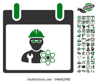 Atomic Engineer Calendar Day pictograph with bonus calendar and time management pictograph collection. Vector illustration style is flat iconic symbols, green and gray, white background.