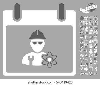 Atomic Engineer Calendar Day pictograph with bonus calendar and time management design elements. Vector illustration style is flat iconic symbols, dark gray and white, silver background.