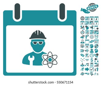 Atomic Engineer Calendar Day pictograph with bonus calendar and time management design elements. Vector illustration style is flat iconic symbols, soft blue, white background.