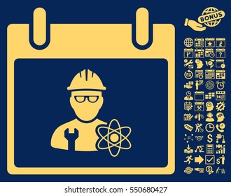 Atomic Engineer Calendar Day pictograph with bonus calendar and time management pictograms. Vector illustration style is flat iconic symbols, yellow, blue background.