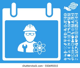 Atomic Engineer Calendar Day pictograph with bonus calendar and time management icon set. Vector illustration style is flat iconic symbols, white, blue background.