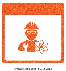Atomic Engineer Calendar Page grainy textured icon for overlay watermark stamps. Flat symbol with dirty texture. Dotted vector orange ink rubber seal stamp with grunge design on a white background.