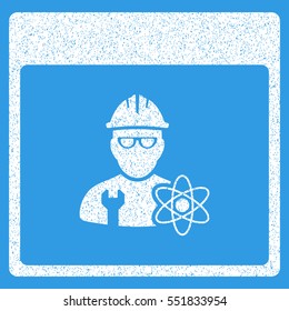 Atomic Engineer Calendar Page grainy textured icon for overlay watermark stamps. Flat symbol with scratched texture. Dotted vector white ink rubber seal stamp with grunge design on a blue background.