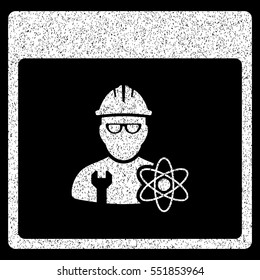 Atomic Engineer Calendar Page grainy textured icon for overlay watermark stamps. Flat symbol with unclean texture. Dotted vector white ink rubber seal stamp with grunge design on a black background.