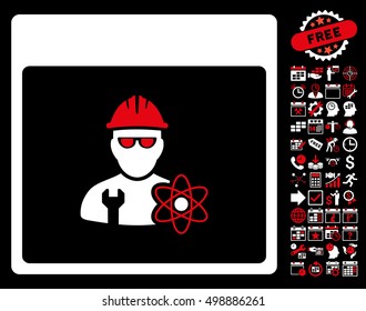 Atomic Engineer Calendar Page icon with bonus calendar and time management graphic icons. Vector illustration style is flat iconic symbols, red and white, black background.