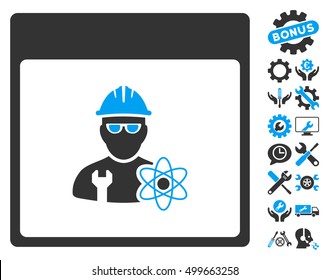 Atomic Engineer Calendar Page icon with bonus setup tools graphic icons. Vector illustration style is flat iconic symbols, blue and gray, white background.