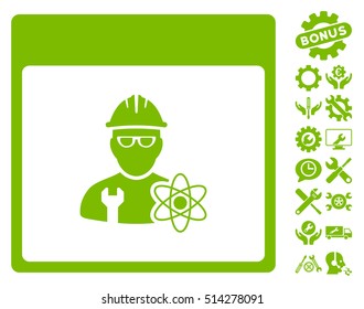 Atomic Engineer Calendar Page icon with bonus settings design elements. Vector illustration style is flat iconic symbols, eco green, white background.