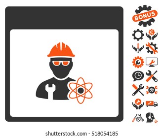 Atomic Engineer Calendar Page icon with bonus settings icon set. Vector illustration style is flat iconic symbols, orange and gray, white background.