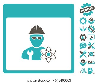 Atomic Engineer Calendar Page icon with bonus setup tools pictograph collection. Vector illustration style is flat iconic symbols, grey and cyan, white background.