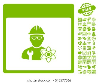 Atomic Engineer Calendar Page icon with bonus calendar and time management images. Vector illustration style is flat iconic symbols, eco green, white background.