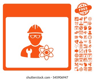 Atomic Engineer Calendar Page icon with bonus calendar and time management images. Vector illustration style is flat iconic symbols, orange, white background.