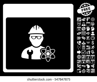 Atomic Engineer Calendar Page icon with bonus calendar and time management symbols. Vector illustration style is flat iconic symbols, white, black background.
