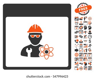 Atomic Engineer Calendar Page icon with bonus calendar and time management pictograph collection. Vector illustration style is flat iconic symbols, orange and gray, white background.