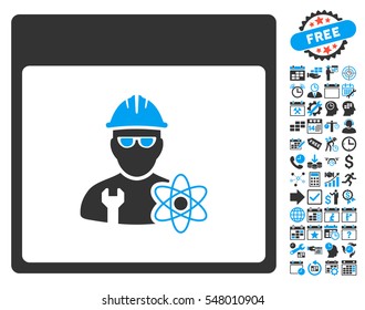 Atomic Engineer Calendar Page icon with bonus calendar and time management symbols. Vector illustration style is flat iconic symbols, blue and gray, white background.