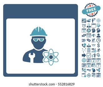 Atomic Engineer Calendar Page icon with bonus calendar and time management images. Vector illustration style is flat iconic symbols, cyan and blue, white background.