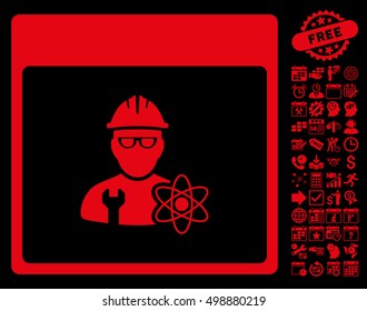 Atomic Engineer Calendar Page pictograph with bonus calendar and time management graphic icons. Vector illustration style is flat iconic symbols, red, black background.