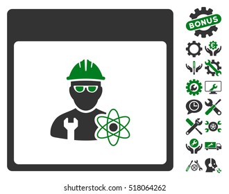 Atomic Engineer Calendar Page pictograph with bonus settings icon set. Vector illustration style is flat iconic symbols, green and gray, white background.