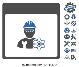 Atomic Engineer Calendar Page pictograph with bonus settings pictograph collection. Vector illustration style is flat iconic symbols, cobalt and gray, white background.