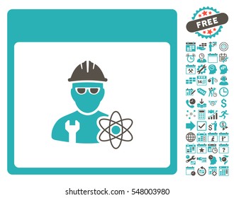 Atomic Engineer Calendar Page pictograph with bonus calendar and time management design elements. Vector illustration style is flat iconic symbols, grey and cyan, white background.