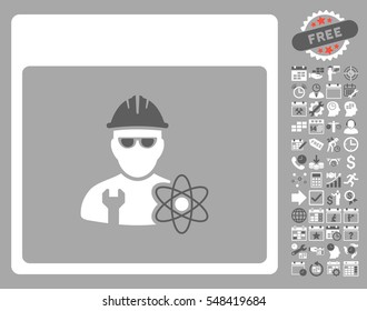Atomic Engineer Calendar Page pictograph with bonus calendar and time management images. Vector illustration style is flat iconic symbols, dark gray and white, silver background.