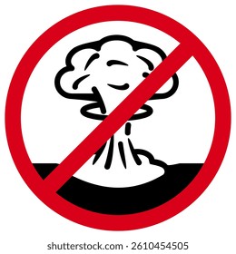Atomic explosion ban symbol or prohibition sign. Crossed out nuclear mushroom sign on white background.