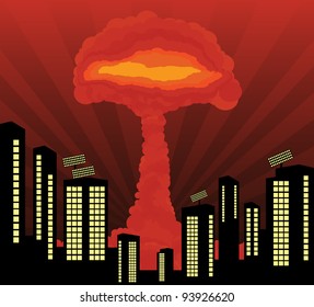 Atomic explosion cloud formed mushroom in city center vector background